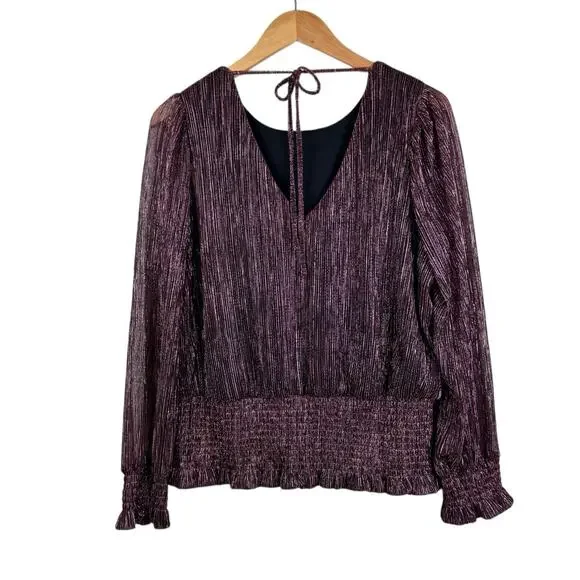 Joie Black & Pink Metallic Textured Ribbed Smocked Waist Long Sleeve Blouse - Picture 9 of 11